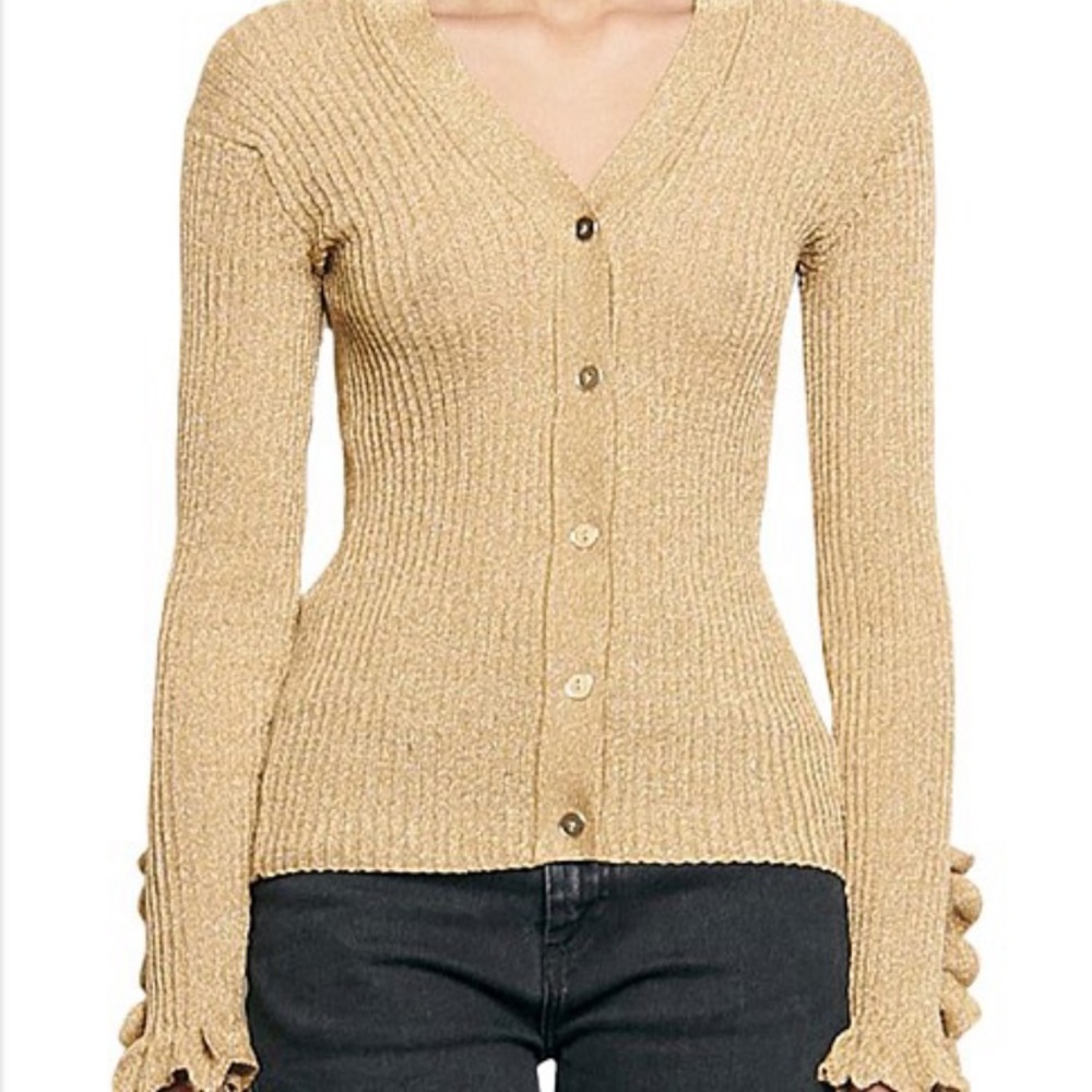 Sandro Paris Shimmer Gold Knit long sleeve button up cardigan sleeve ruffle